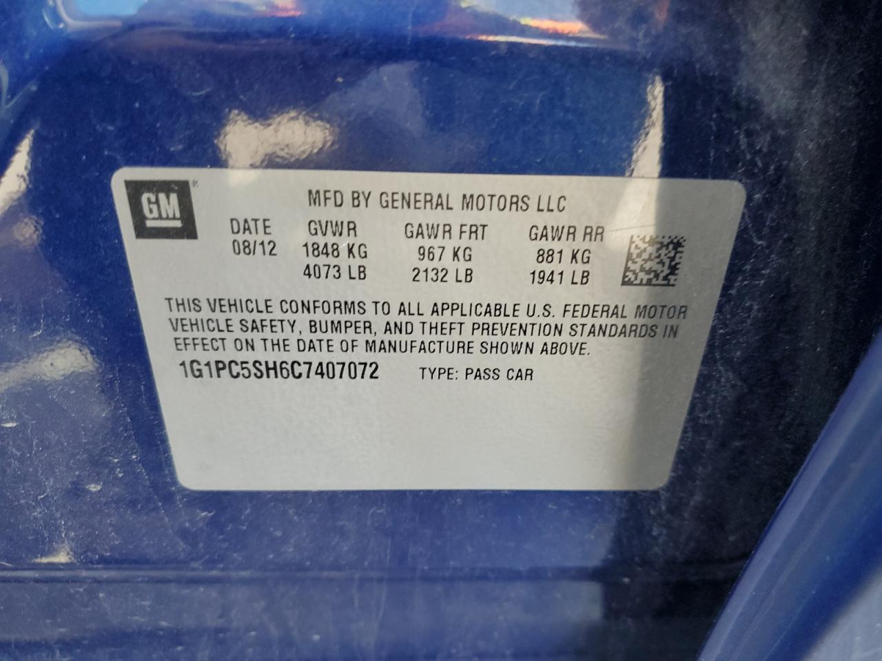 2012 Chevrolet Cruze Ls VIN: 1G1PC5SH6C7407072 Lot: 71798765