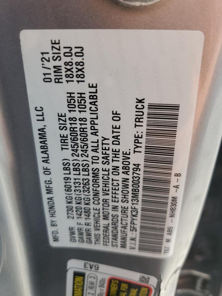 2021 Honda Ridgeline Sport VIN: 5FPYK3F13MB003794 Lot: 72054825