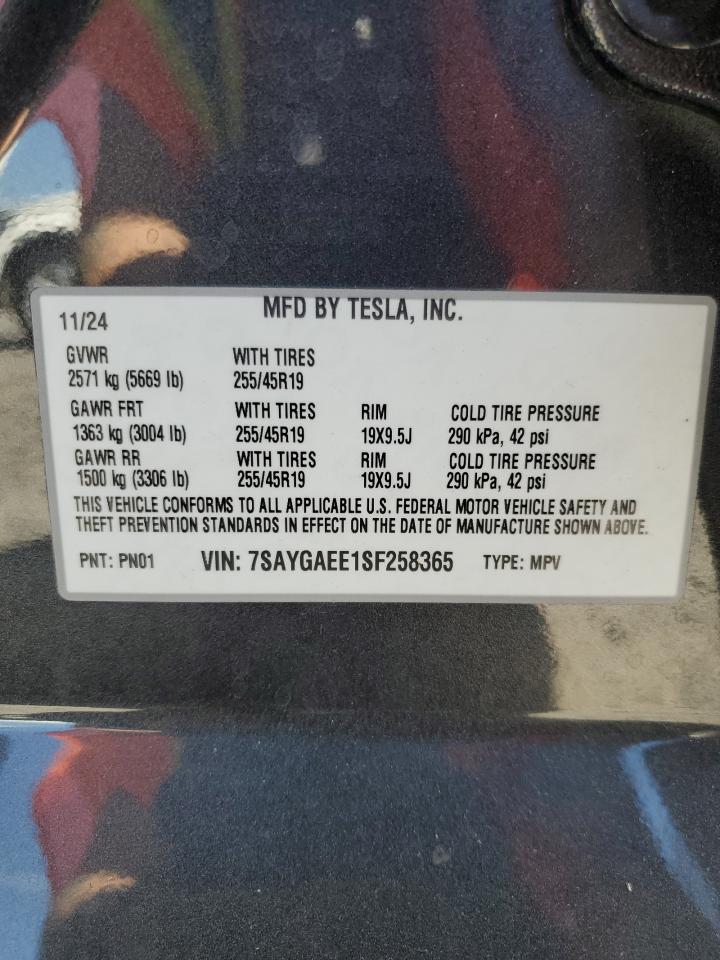 2025 Tesla Model Y VIN: 7SAYGAEE1SF258365 Lot: 71774995