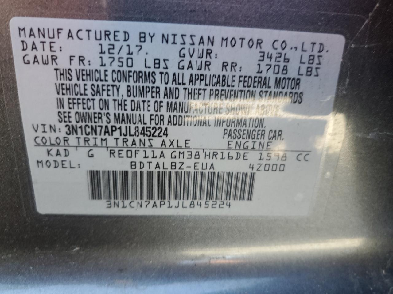 2018 Nissan Versa S VIN: 3N1CN7AP1JL845224 Lot: 83877835