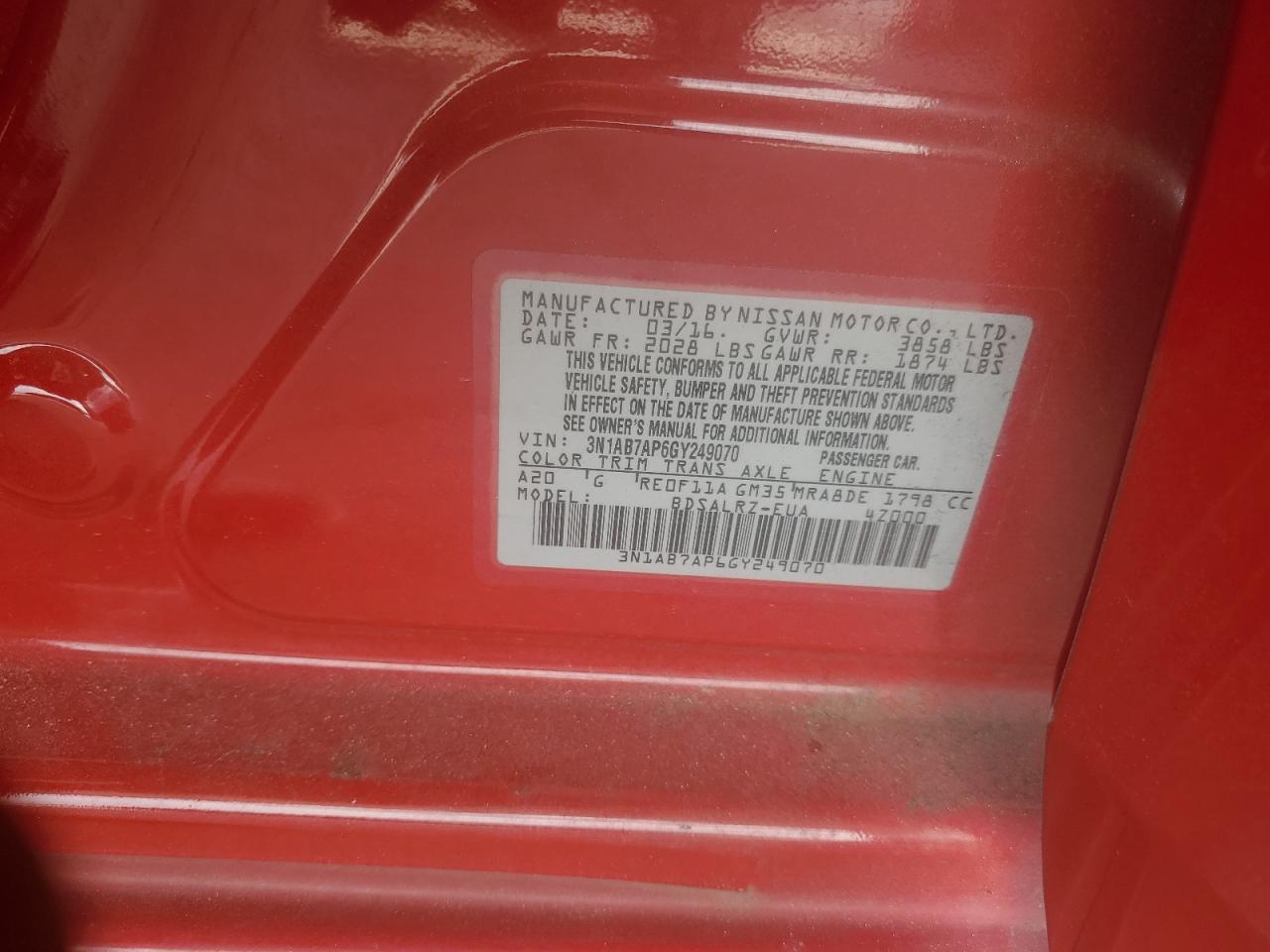 2016 Nissan Sentra S VIN: 3N1AB7AP6GY249070 Lot: 81002595