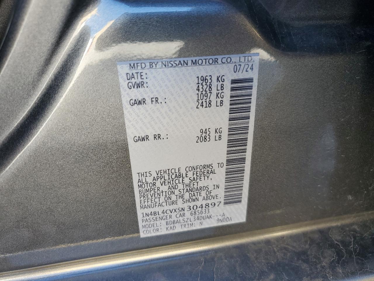 2025 Nissan Altima Sr VIN: 1N4BL4CVXSN304897 Lot: 84194875