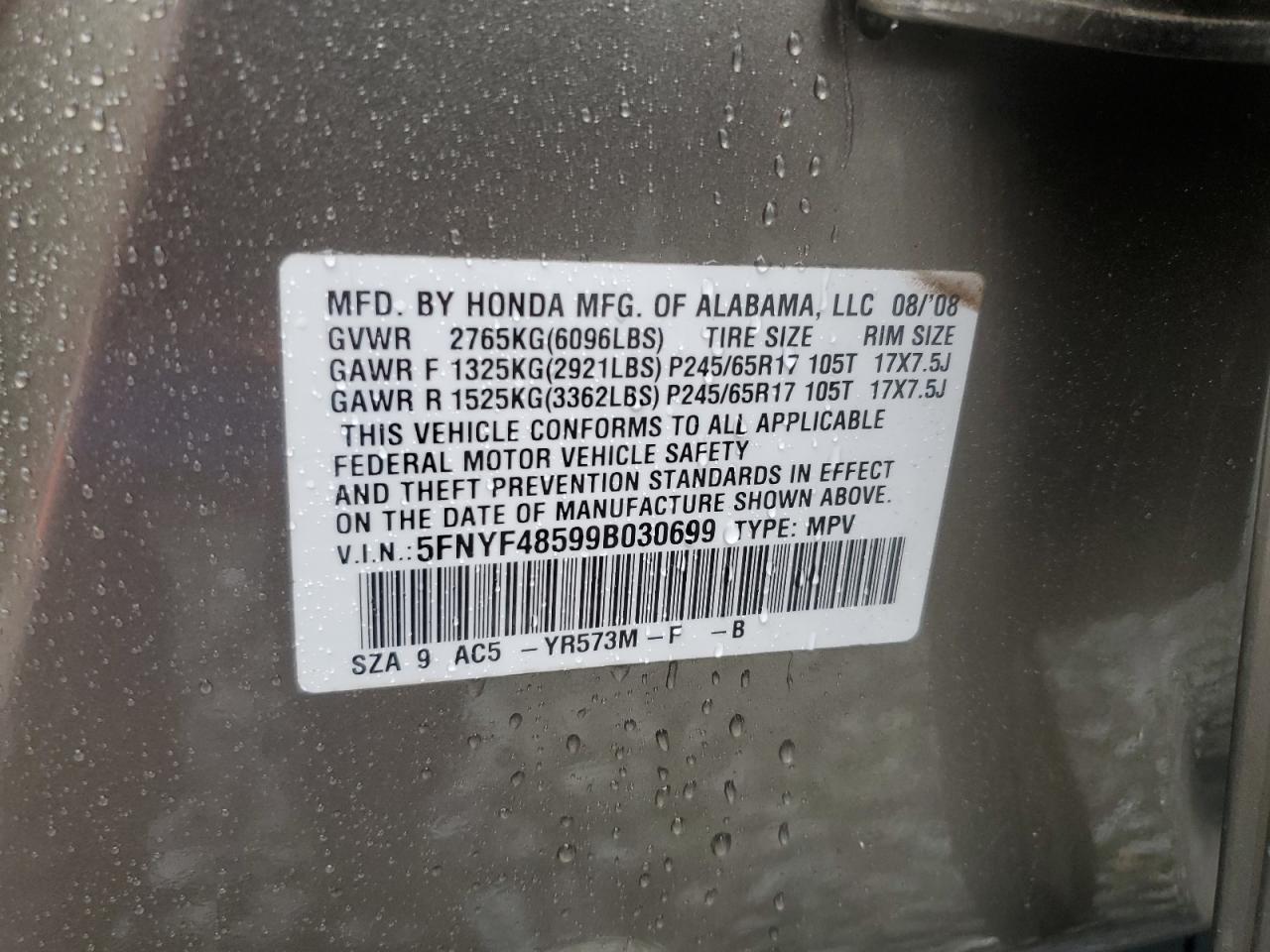 2009 Honda Pilot Exl VIN: 5FNYF48599B030699 Lot: 81238475