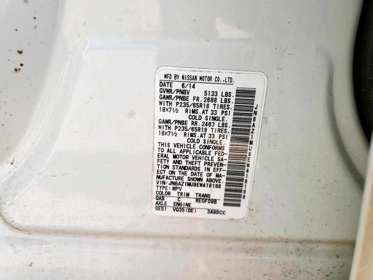 2014 Nissan Murano S VIN: JN8AZ1MU9EW418188 Lot: 80306565