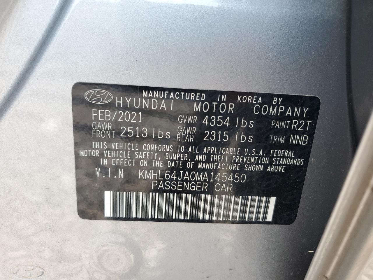 2021 Hyundai Sonata Sel VIN: KMHL64JA0MA145450 Lot: 80525555