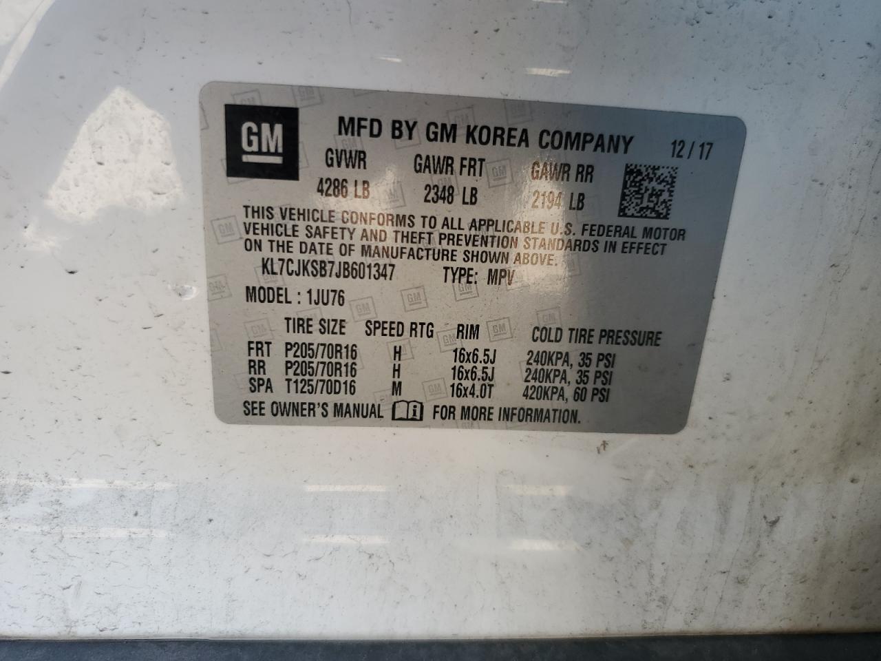 2018 Chevrolet Trax Ls VIN: KL7CJKSB7JB601347 Lot: 80806785