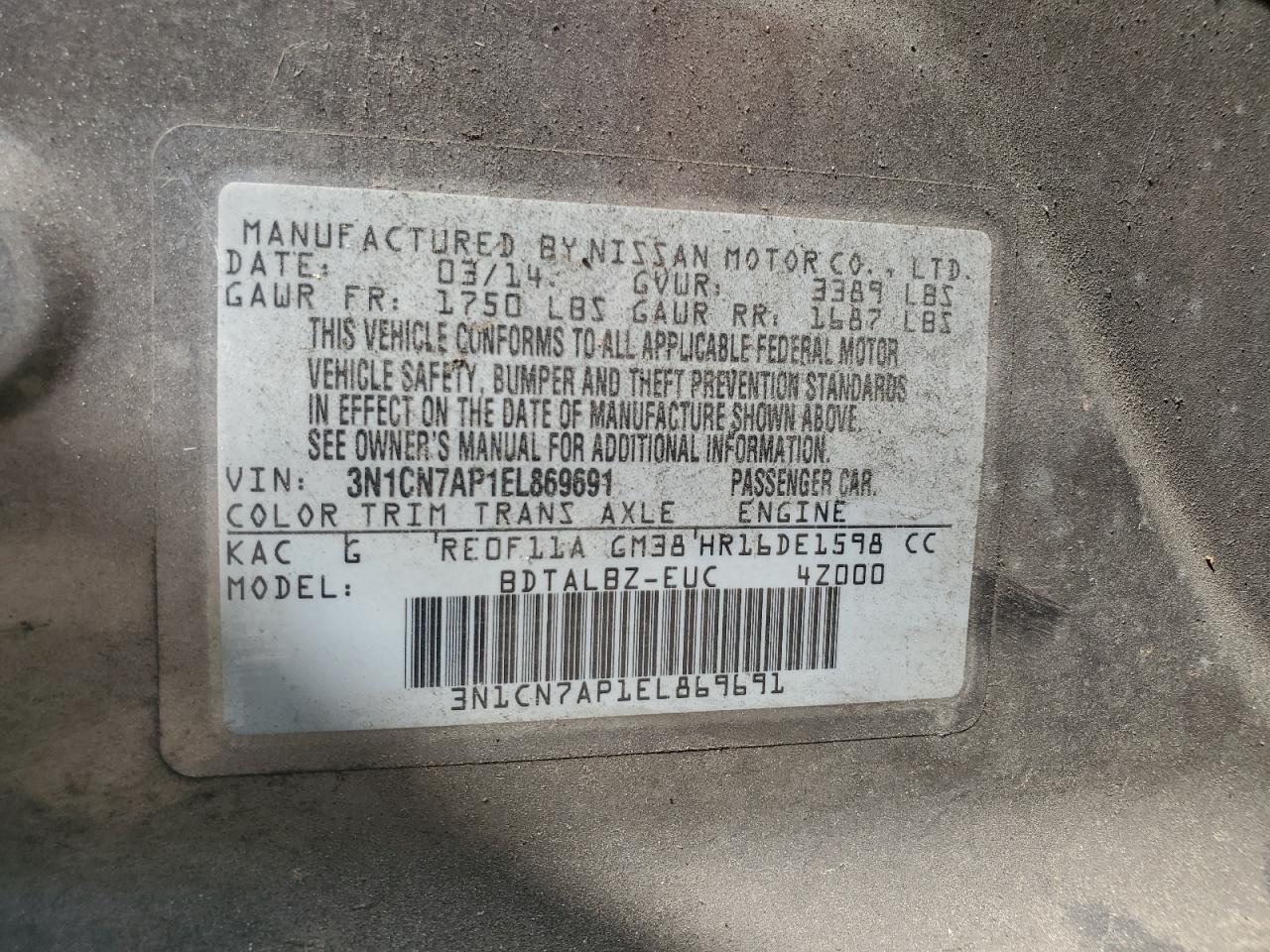 2014 Nissan Versa S VIN: 3N1CN7AP1EL869691 Lot: 71957315