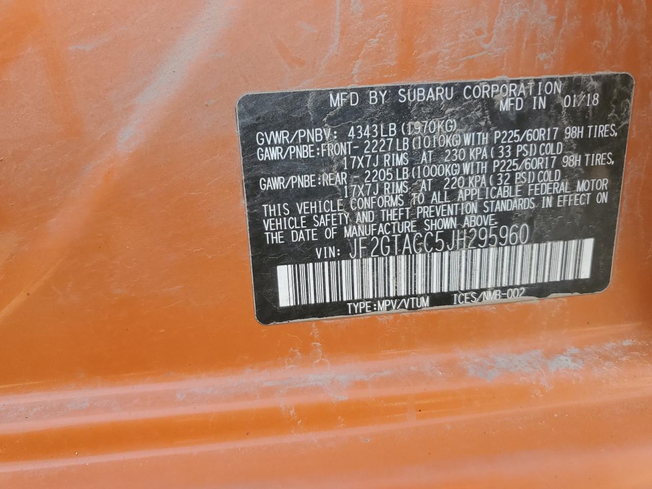 2018 Subaru Crosstrek Premium VIN: JF2GTACC5JH295960 Lot: 81584095