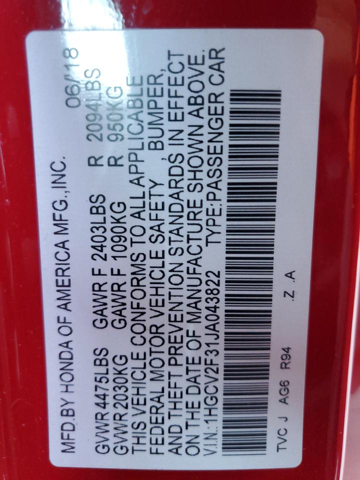 2018 Honda Accord Sport VIN: 1HGCV2F31JA043822 Lot: 81233325