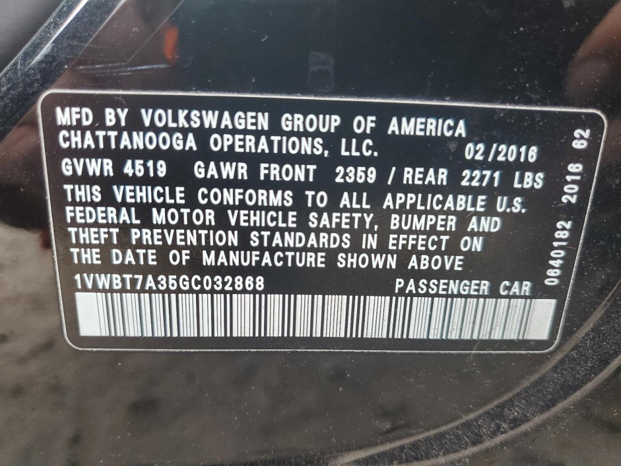 2016 Volkswagen Passat Se VIN: 1VWBT7A35GC032868 Lot: 83868865