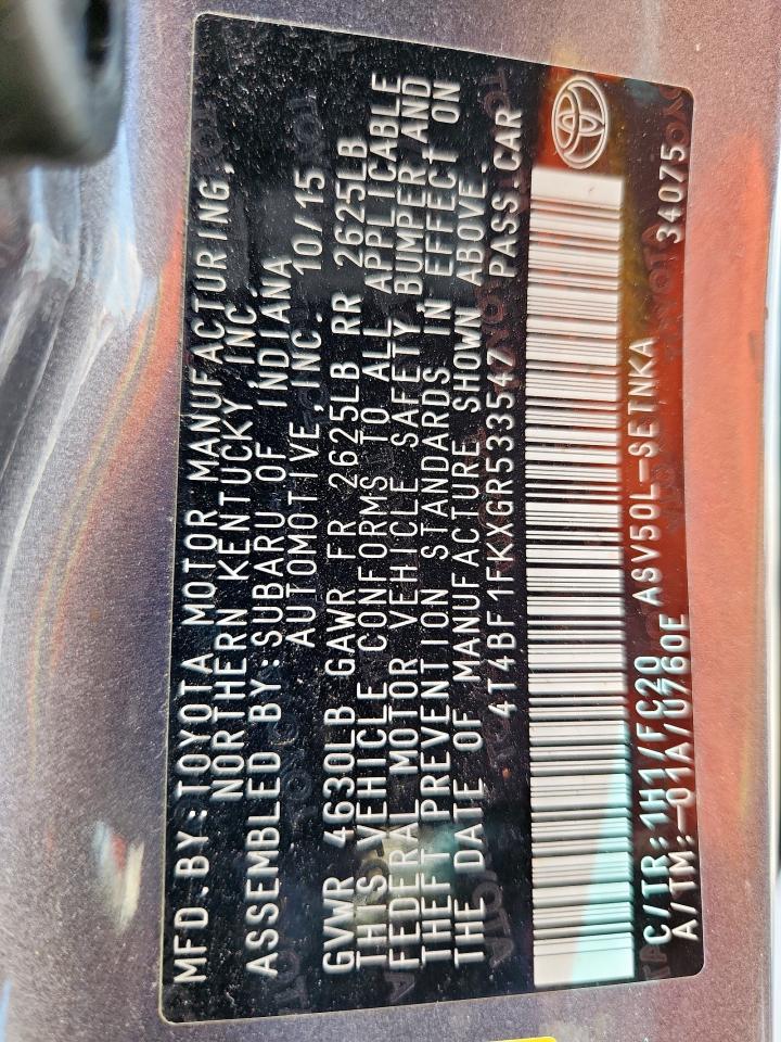 2016 Toyota Camry Le VIN: 4T4BF1FKXGR533547 Lot: 84255435