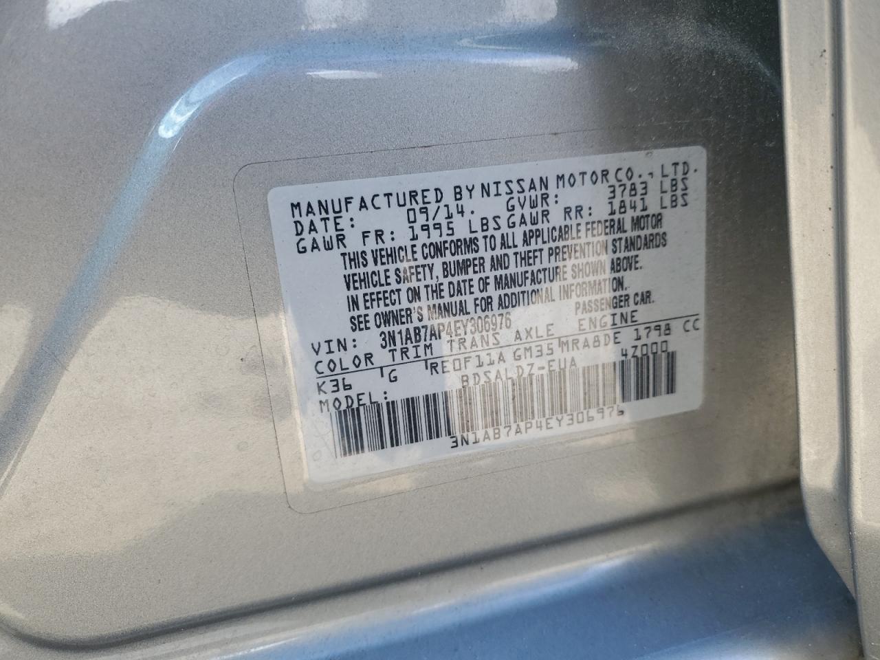 2014 Nissan Sentra S VIN: 3N1AB7AP4EY306976 Lot: 80848475