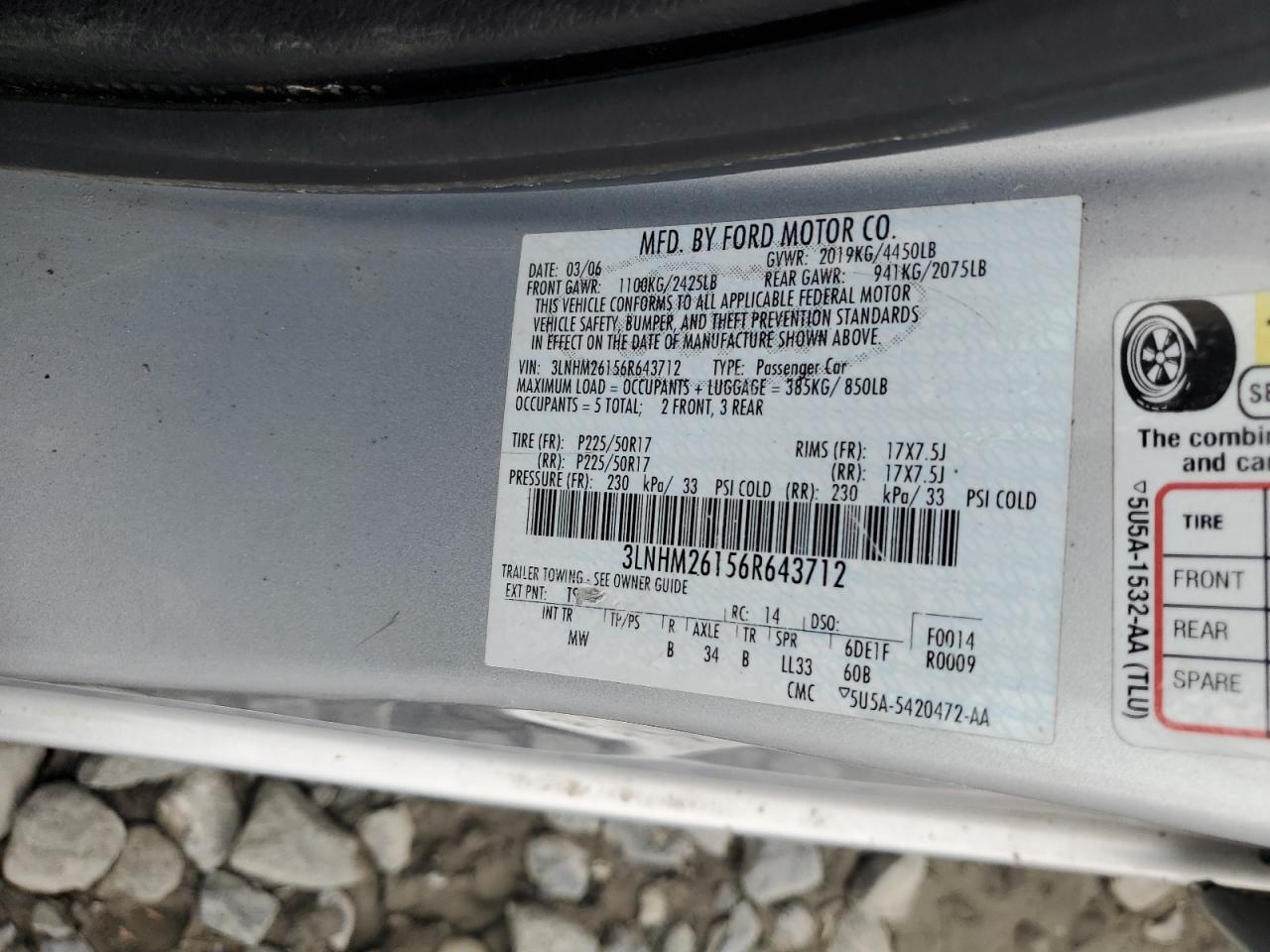 2006 Lincoln Zephyr VIN: 3LNHM26156R643712 Lot: 84608605