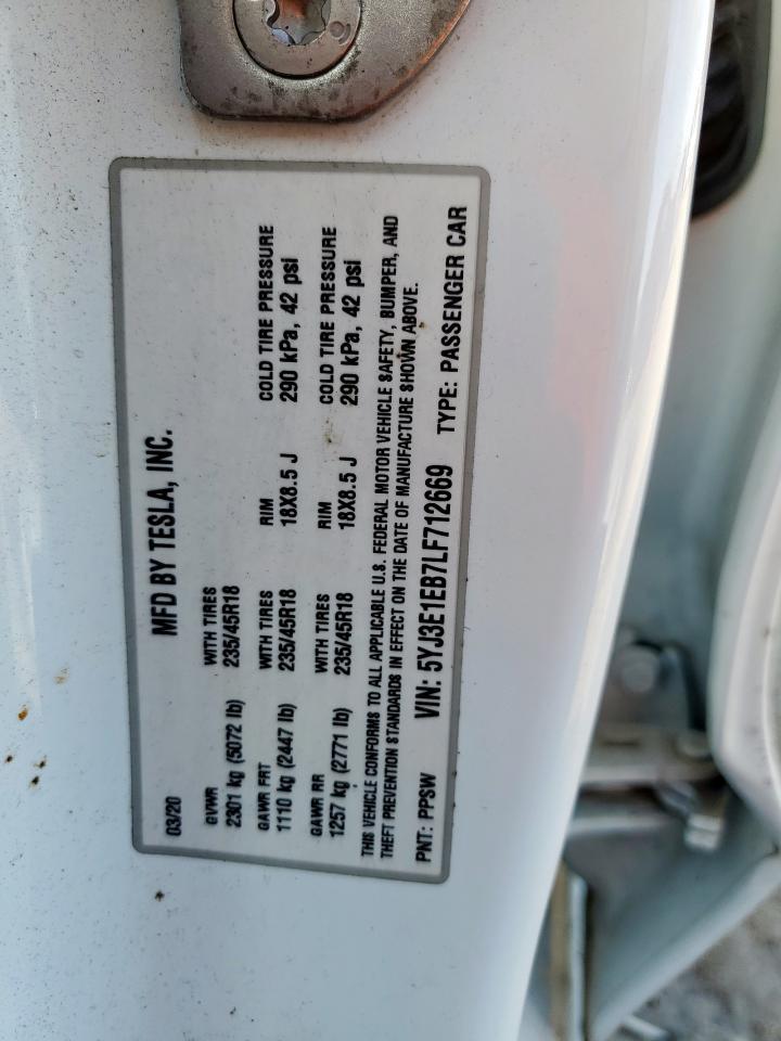 2020 Tesla Model 3 VIN: 5YJ3E1EB7LF712669 Lot: 80805485