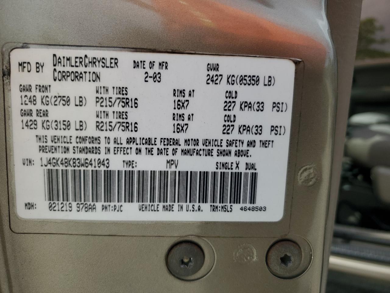 2003 Jeep Liberty Sport VIN: 1J4GK48K83W641043 Lot: 71274245