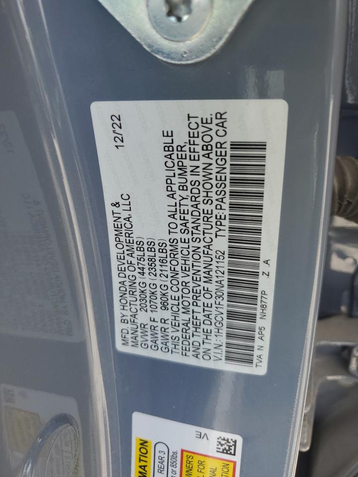 2022 Honda Accord Sport VIN: 1HGCV1F30NA121152 Lot: 72060685