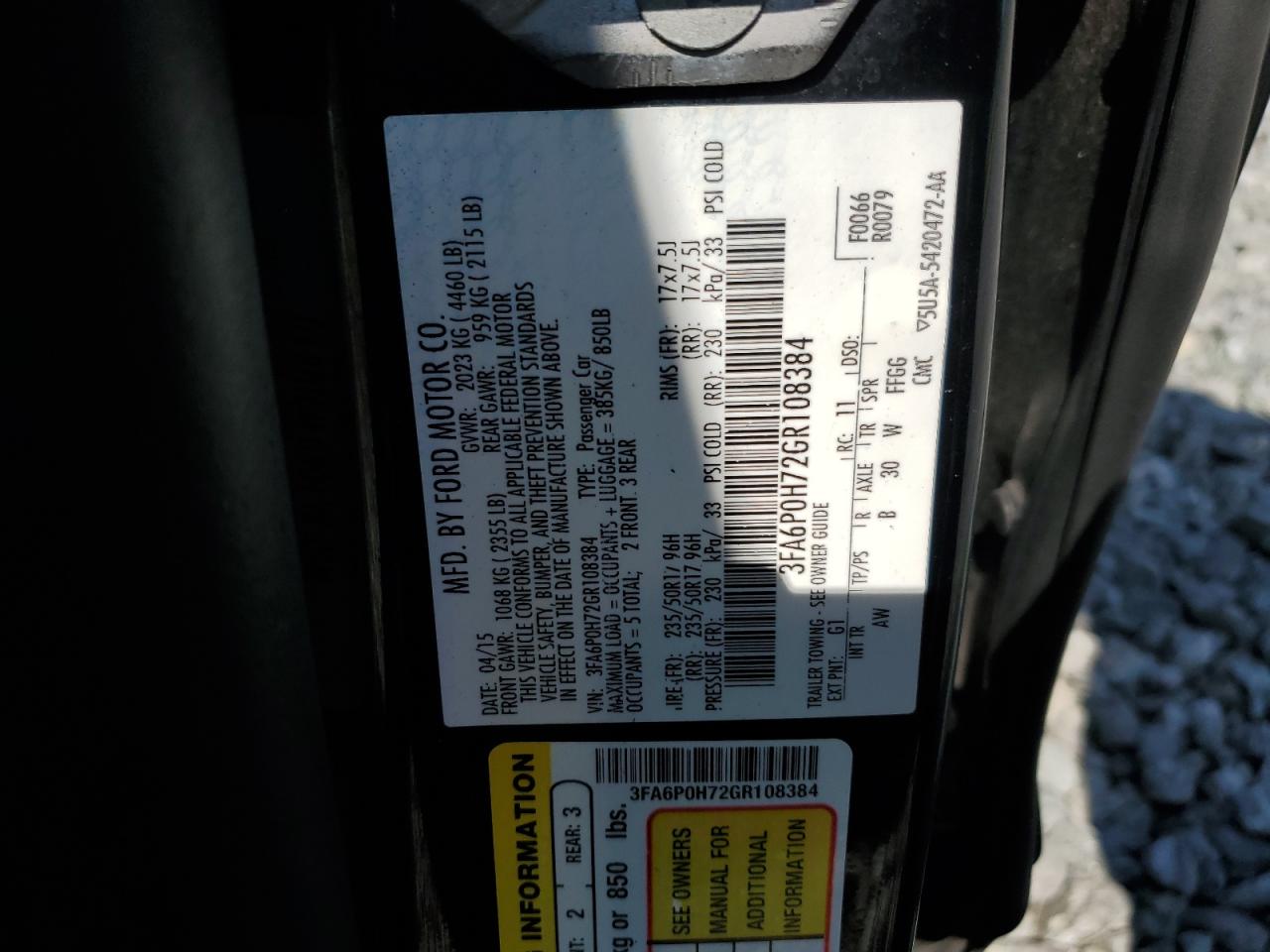 2016 Ford Fusion Se VIN: 3FA6P0H72GR108384 Lot: 71870545