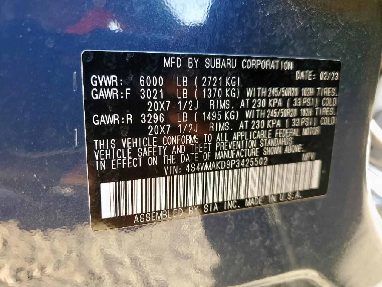 2023 Subaru Ascent Limited VIN: 4S4WMAKD9P3425502 Lot: 81899735