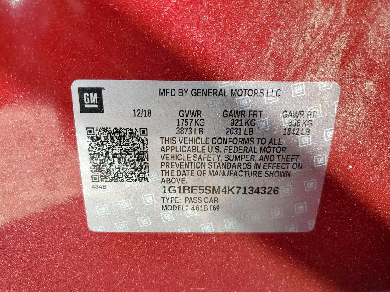 2019 Chevrolet Cruze Lt VIN: 1G1BE5SM4K7134326 Lot: 84011435