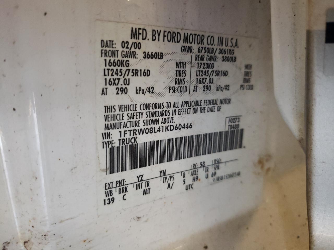 2001 Ford F150 Supercrew VIN: 1FTRW08L41KD60446 Lot: 81879535