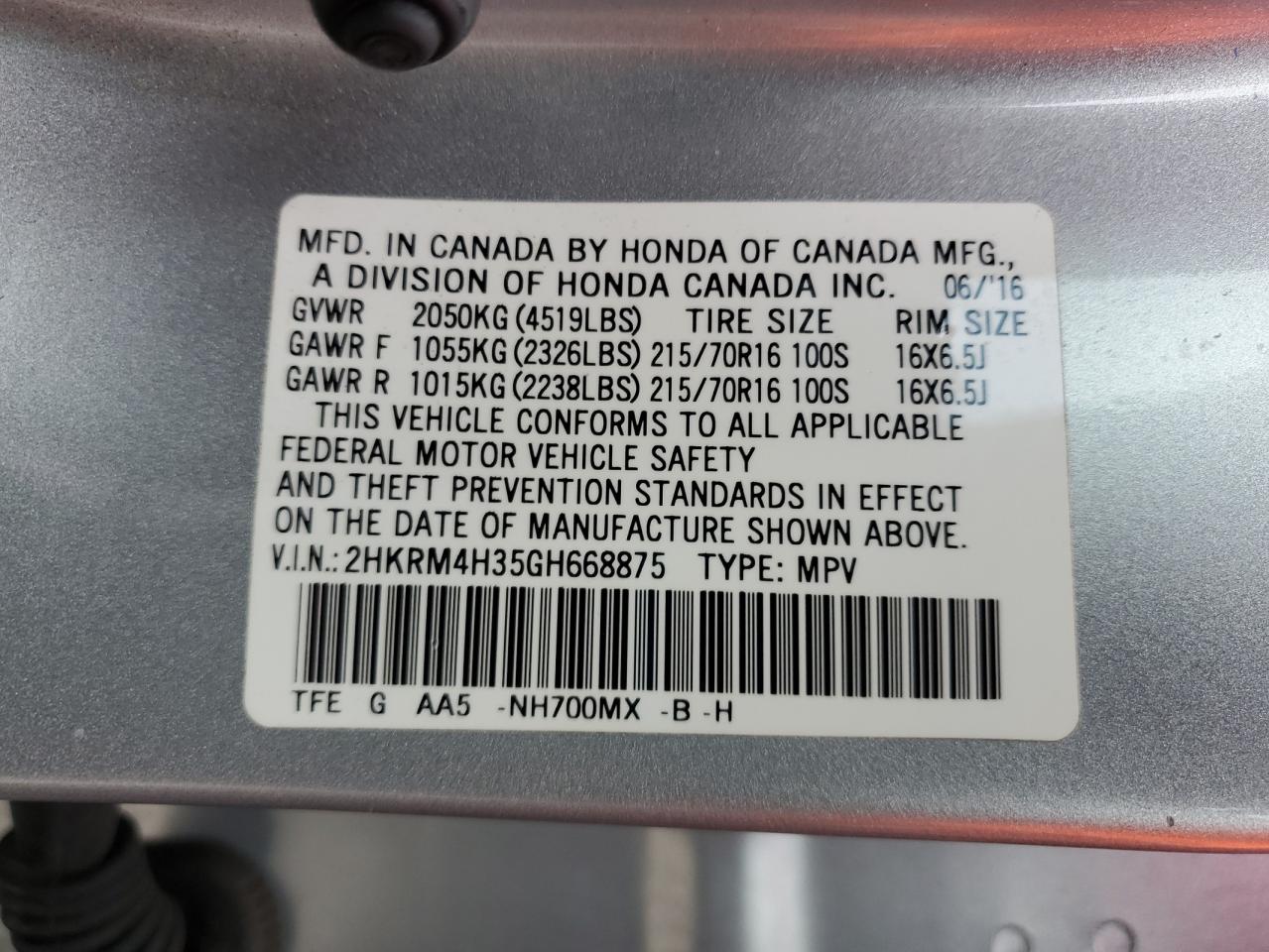 2016 Honda Cr-V Lx VIN: 2HKRM4H35GH668875 Lot: 83955415