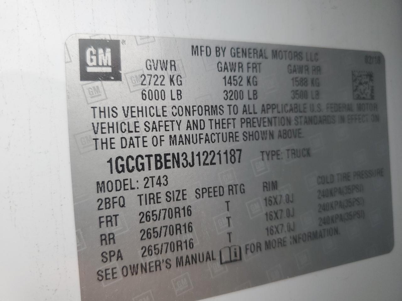 2018 Chevrolet Colorado VIN: 1GCGTBEN3J1221187 Lot: 81585775