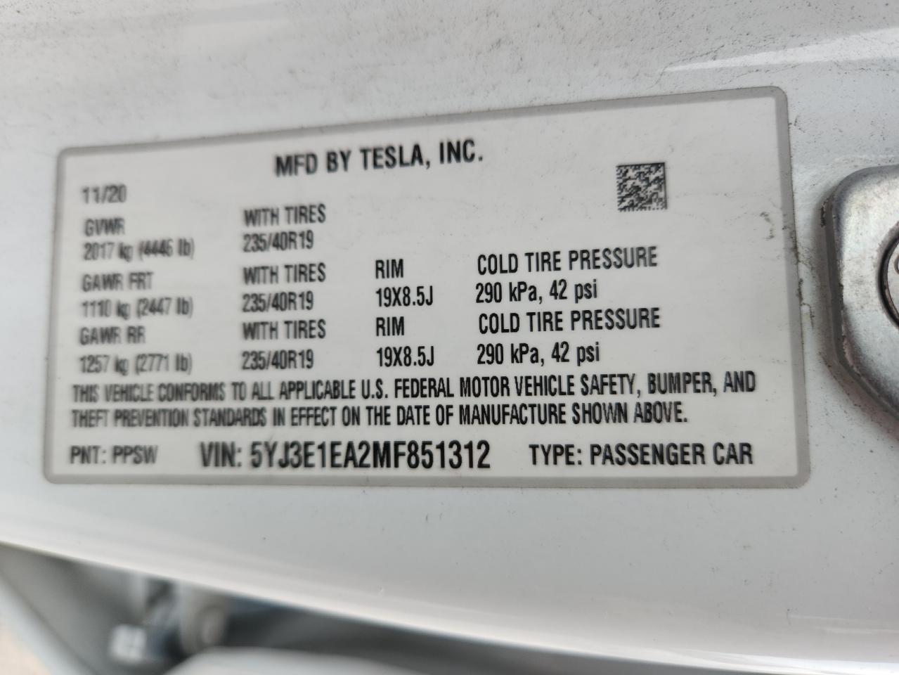 2021 Tesla Model 3 VIN: 5YJ3E1EA2MF851312 Lot: 80904185