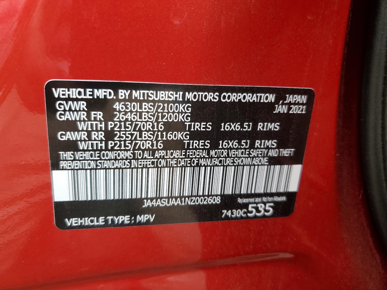 2022 Mitsubishi Eclipse Cross Es VIN: JA4ASUAA1NZ002608 Lot: 84584785