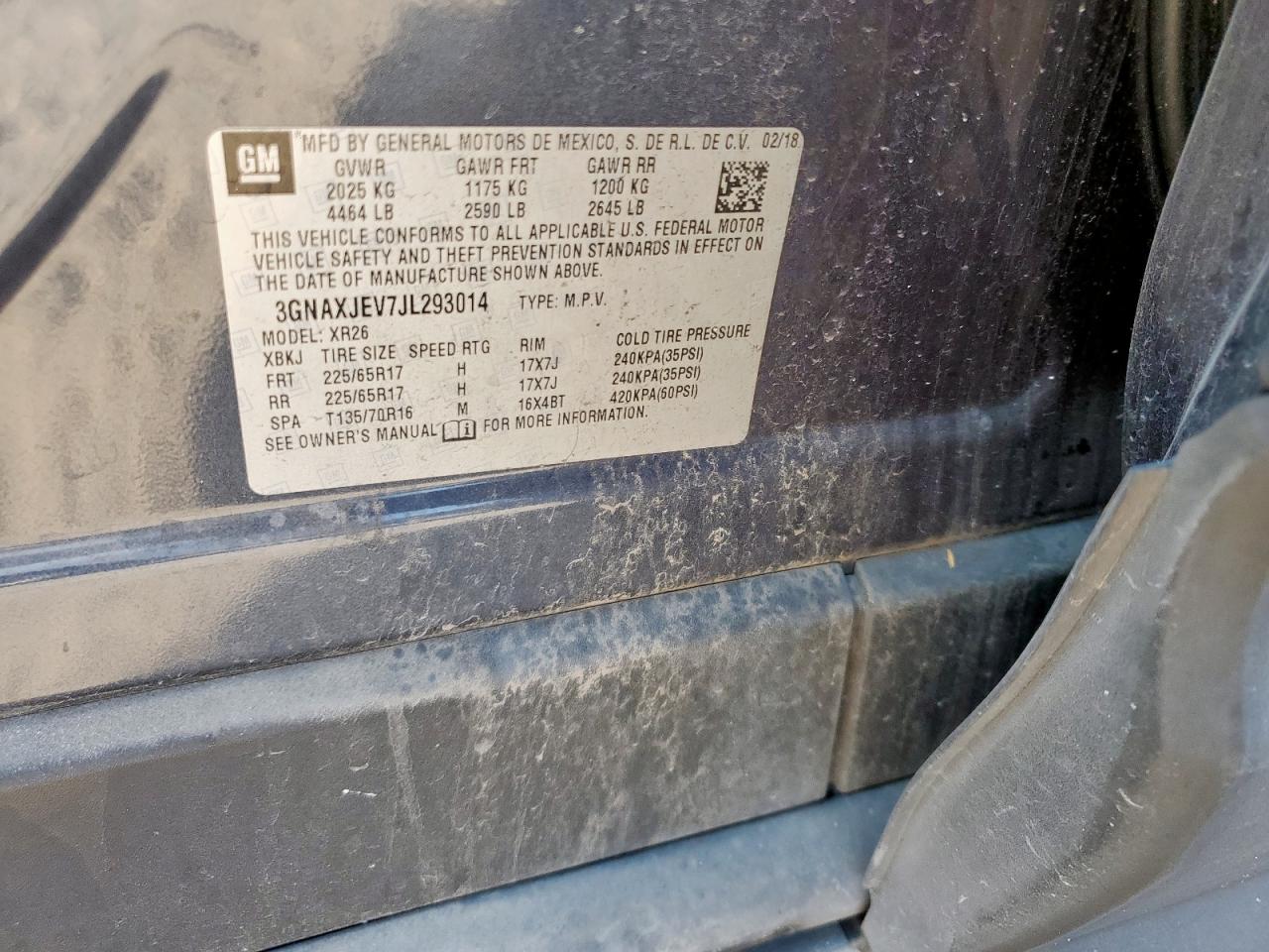 2018 Chevrolet Equinox Lt VIN: 3GNAXJEV7JL293014 Lot: 71273995