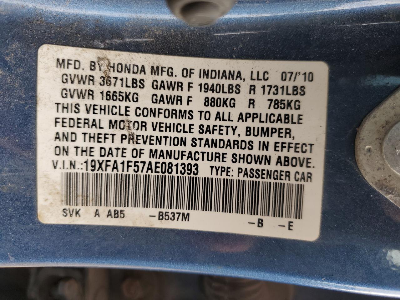 2010 Honda Civic Lx VIN: 19XFA1F57AE081393 Lot: 81448655