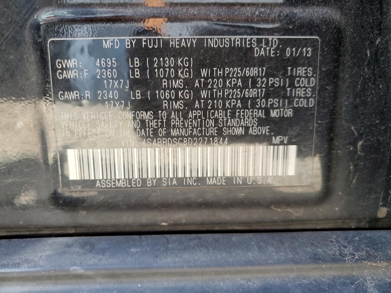 2013 Subaru Outback 3.6R Limited VIN: 4S4BRDSC8D2271844 Lot: 81264045