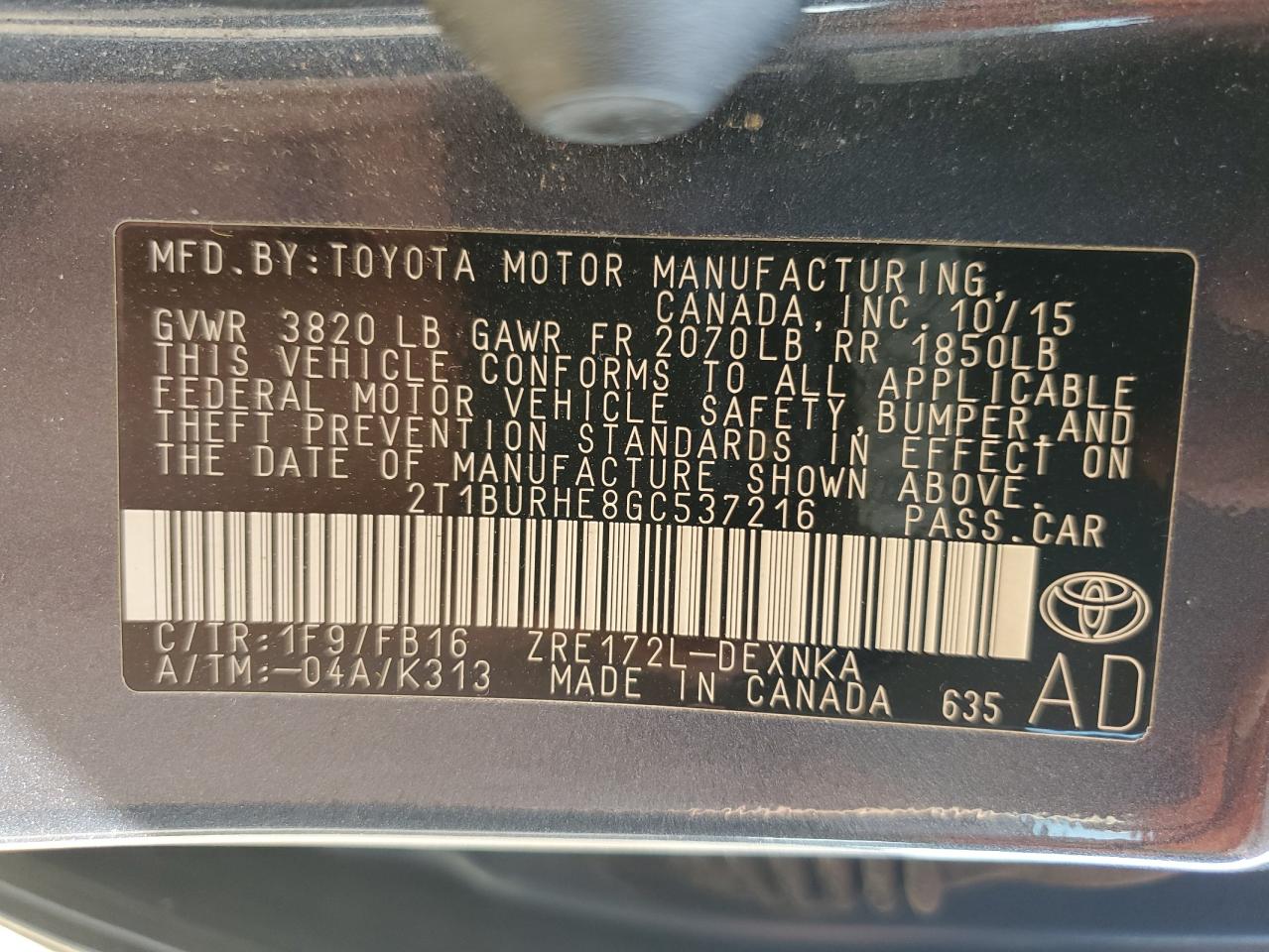 2016 Toyota Corolla L VIN: 2T1BURHE8GC537216 Lot: 81192185