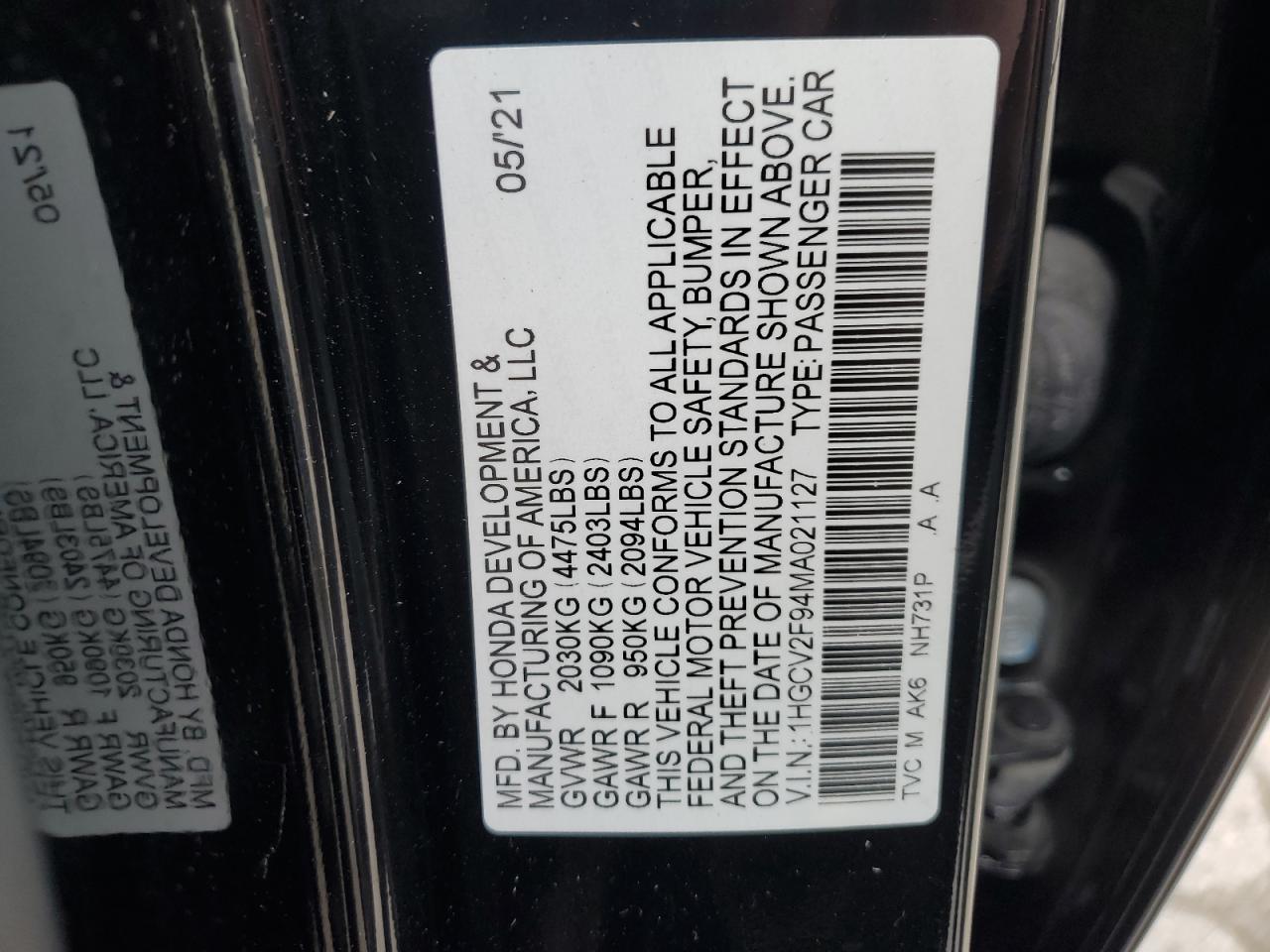 2021 Honda Accord Touring VIN: 1HGCV2F94MA021127 Lot: 82043435