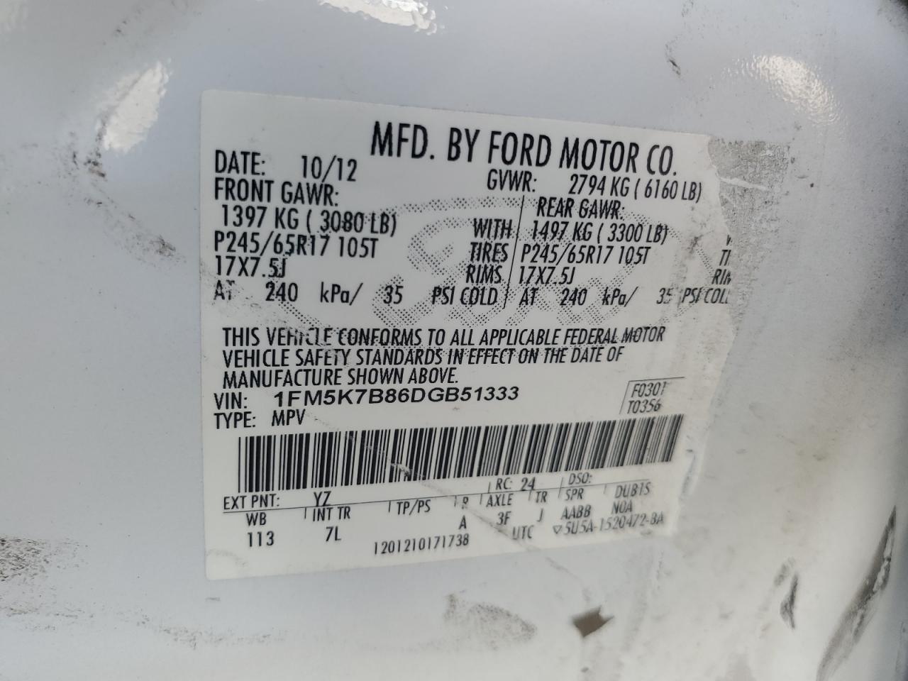 2013 Ford Explorer VIN: 1FM5K7B86DGB51333 Lot: 80253005