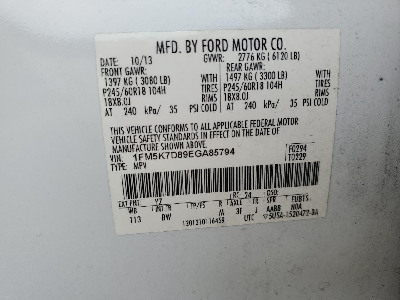 2014 Ford Explorer Xlt VIN: 1FM5K7D89EGA85794 Lot: 71012795