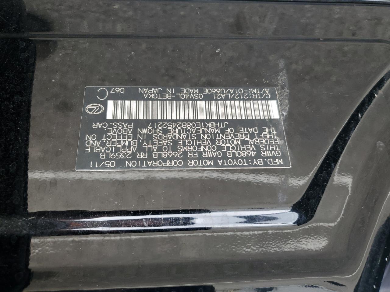 2011 Lexus Es 350 VIN: JTHBK1EG8B2452217 Lot: 80998435