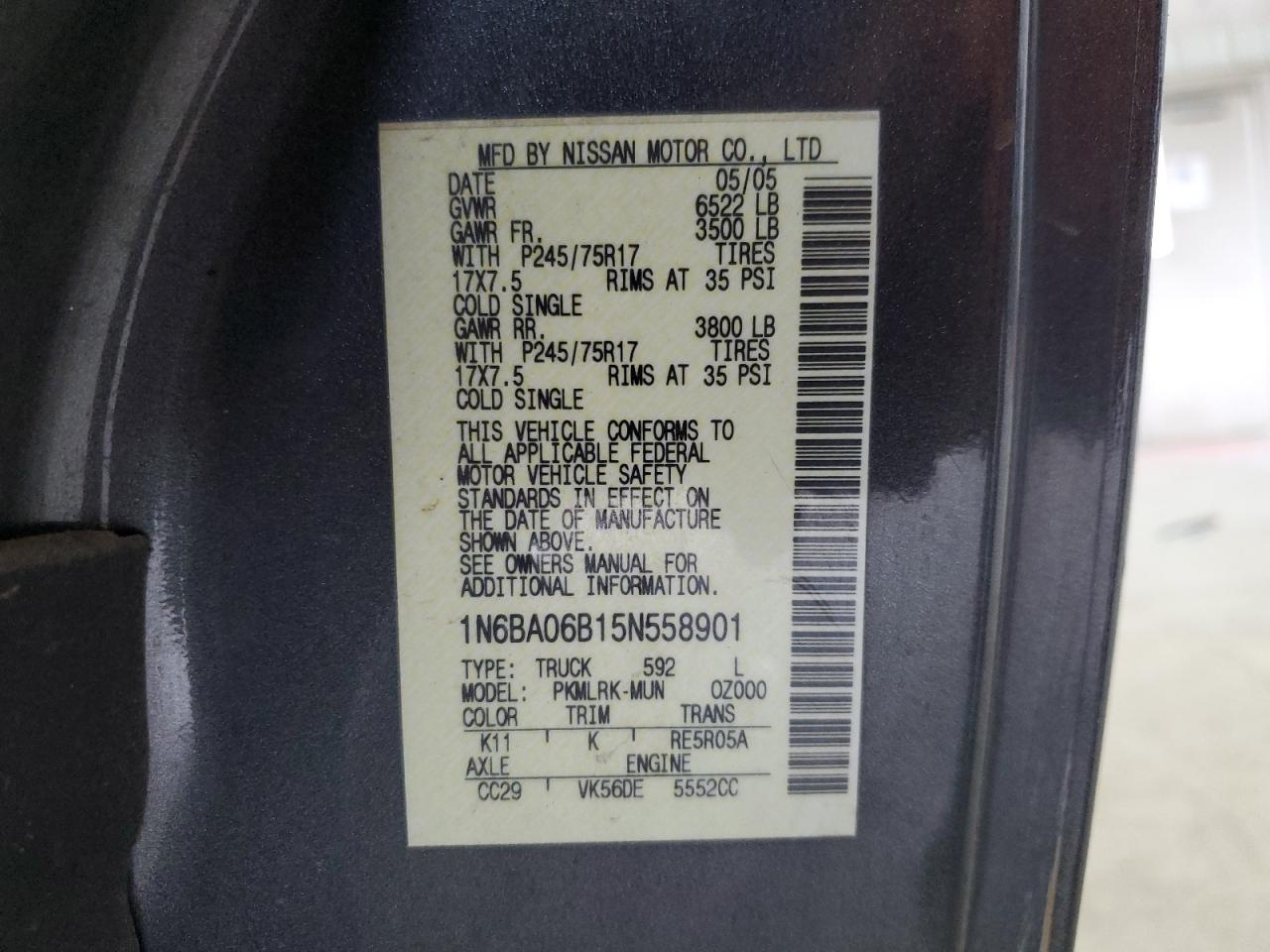 2005 Nissan Titan Xe VIN: 1N6BA06B15N558901 Lot: 83935205