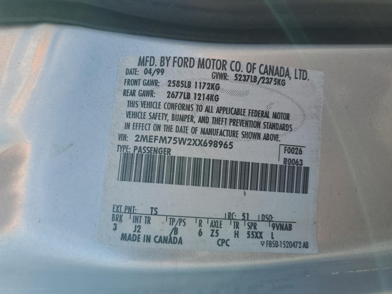 1999 Mercury Grand Marquis Ls VIN: 2MEFM75W2XX698965 Lot: 84278175