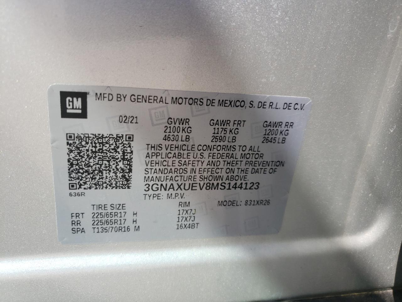 2021 Chevrolet Equinox Lt VIN: 3GNAXUEV8MS144123 Lot: 72038665