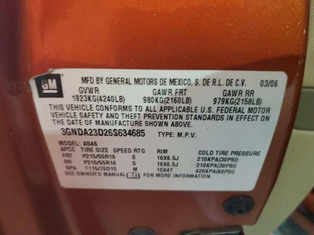 2006 Chevrolet Hhr Lt VIN: 3GNDA23D26S634685 Lot: 81865485