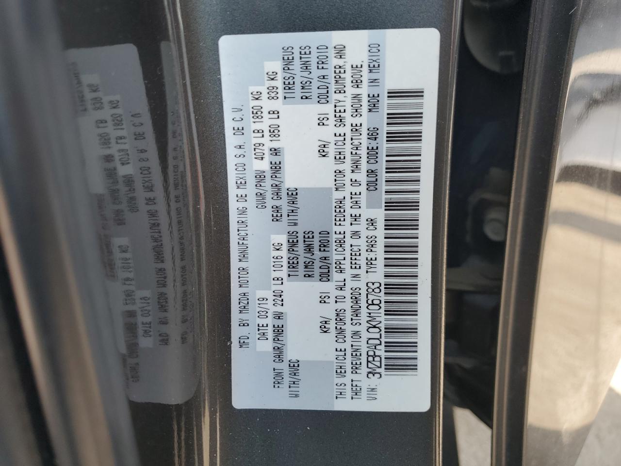 2019 Mazda 3 Preferred VIN: 3MZBPADL0KM106783 Lot: 71518945