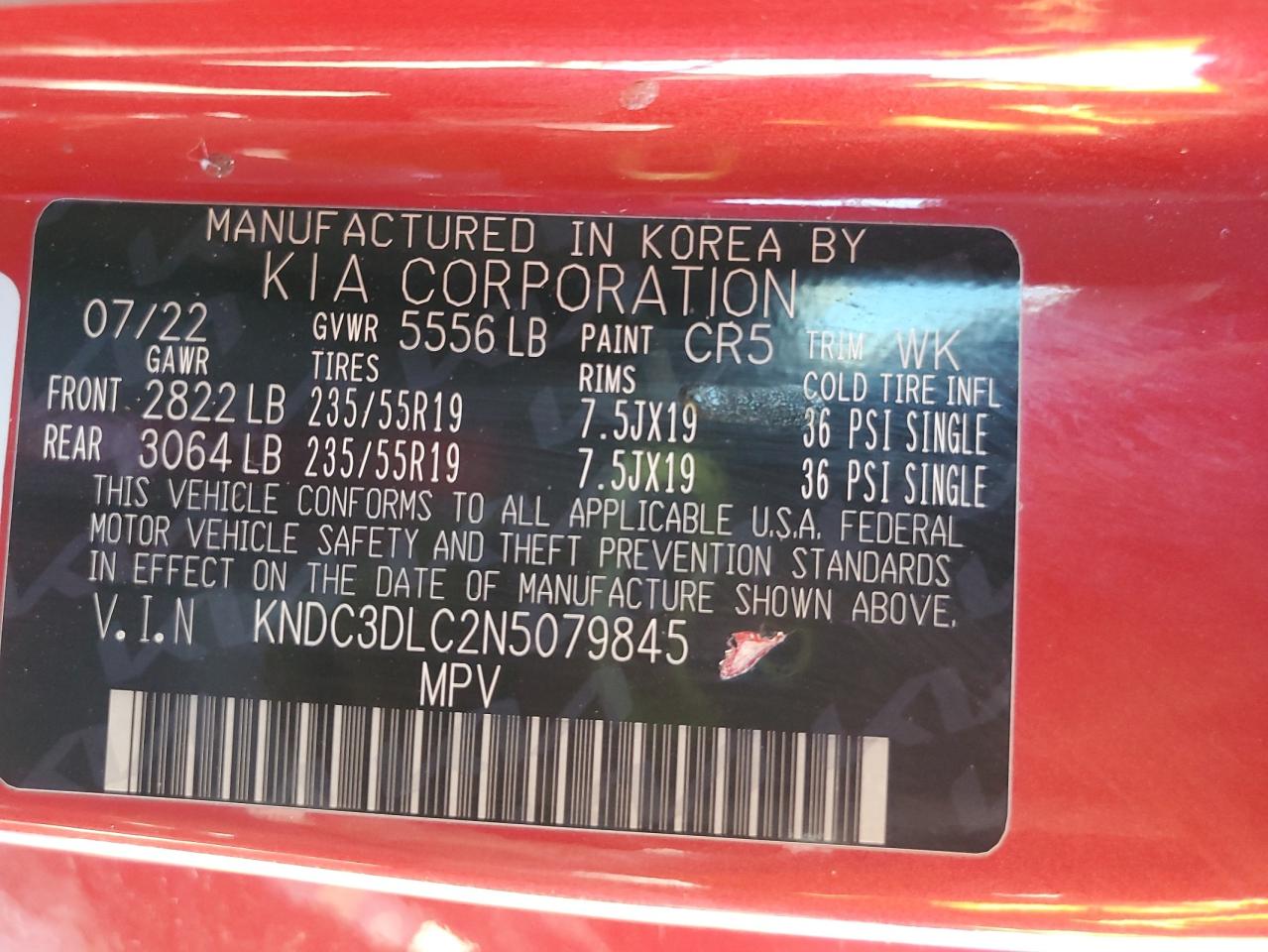 2022 Kia Ev6 Light VIN: KNDC3DLC2N5079845 Lot: 81634725