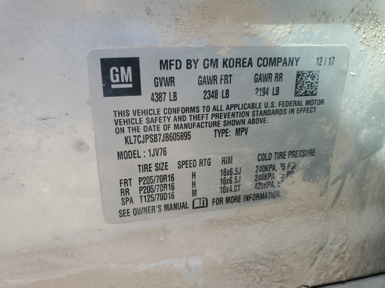 2018 Chevrolet Trax 1Lt VIN: KL7CJPSB7JB605895 Lot: 71458395