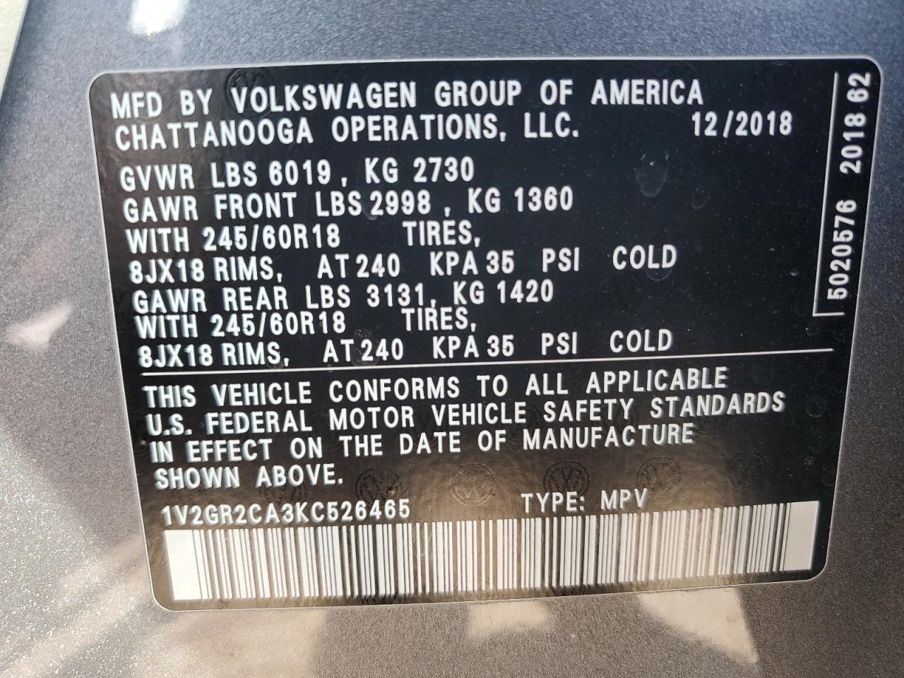 2019 Volkswagen Atlas S VIN: 1V2GR2CA3KC526465 Lot: 81007555