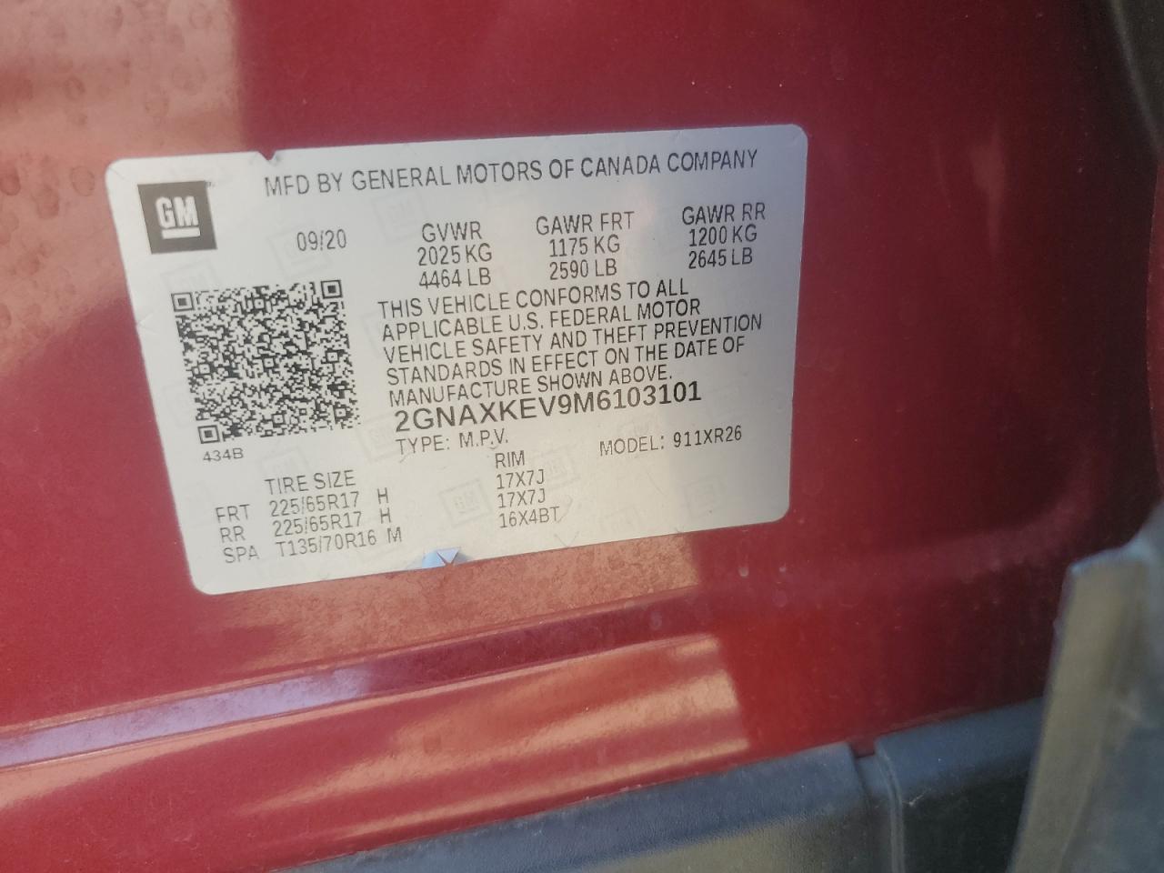 2021 Chevrolet Equinox Lt VIN: 2GNAXKEV9M6103101 Lot: 80552045