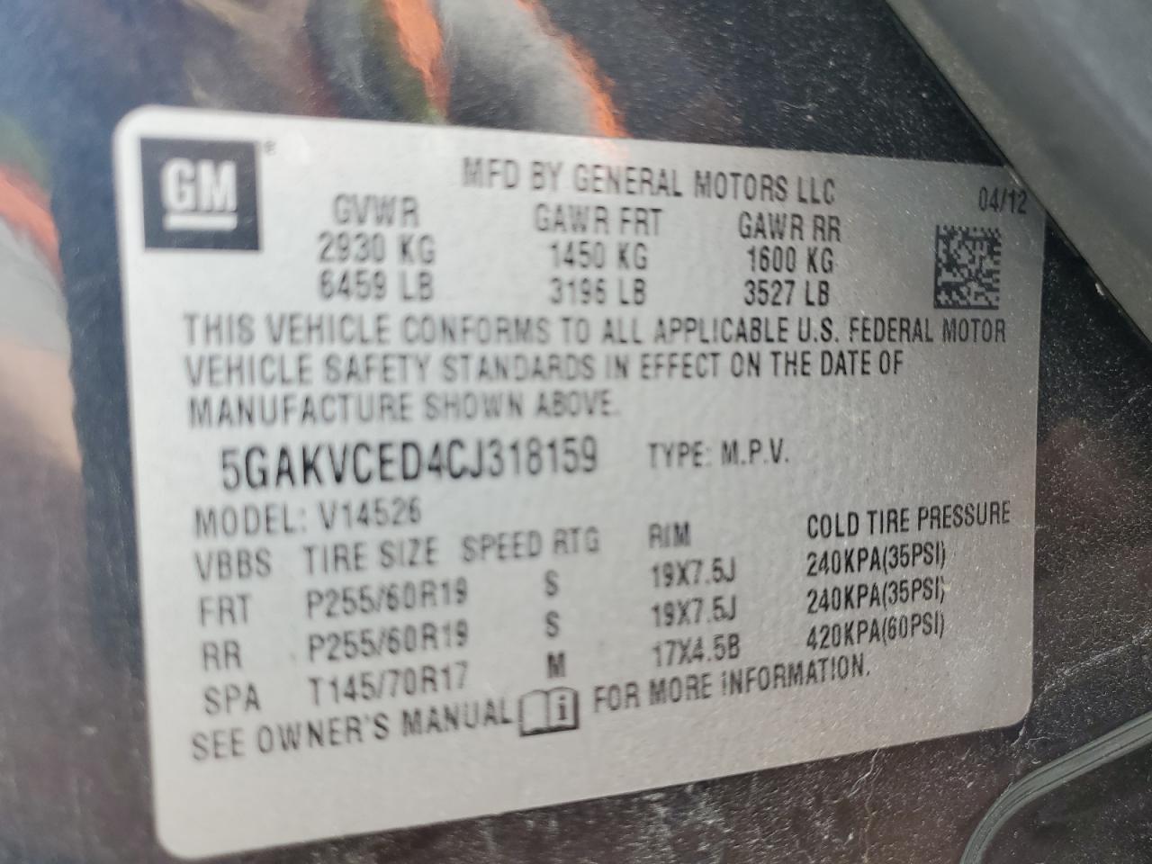 2012 Buick Enclave VIN: 5GAKVCED4CJ318159 Lot: 84248735