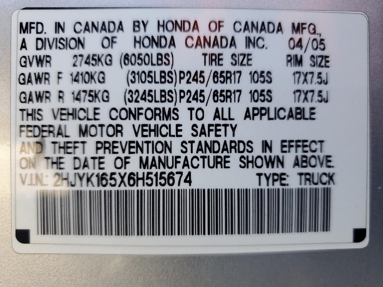 2006 Honda Ridgeline Rtl VIN: 2HJYK165X6H515674 Lot: 71916805