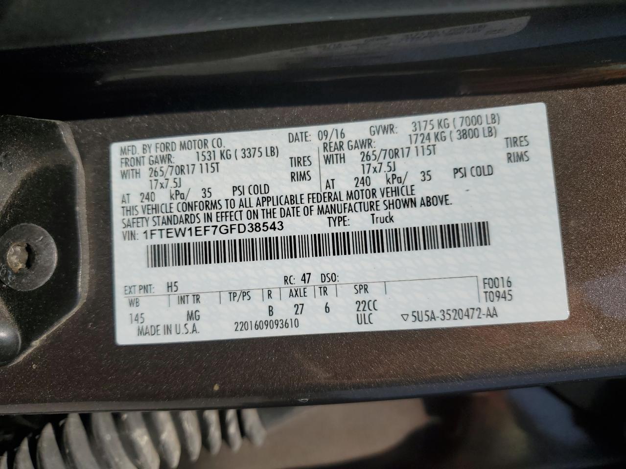 2016 Ford F150 Supercrew VIN: 1FTEW1EF7GFD38543 Lot: 80523145