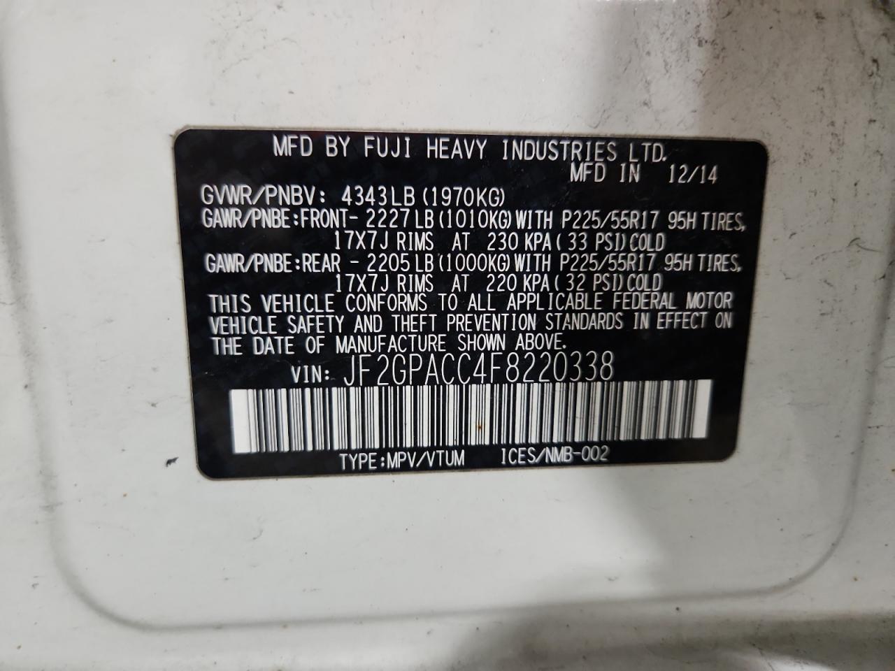 2015 Subaru Xv Crosstrek 2.0 Premium VIN: JF2GPACC4F8220338 Lot: 84785685