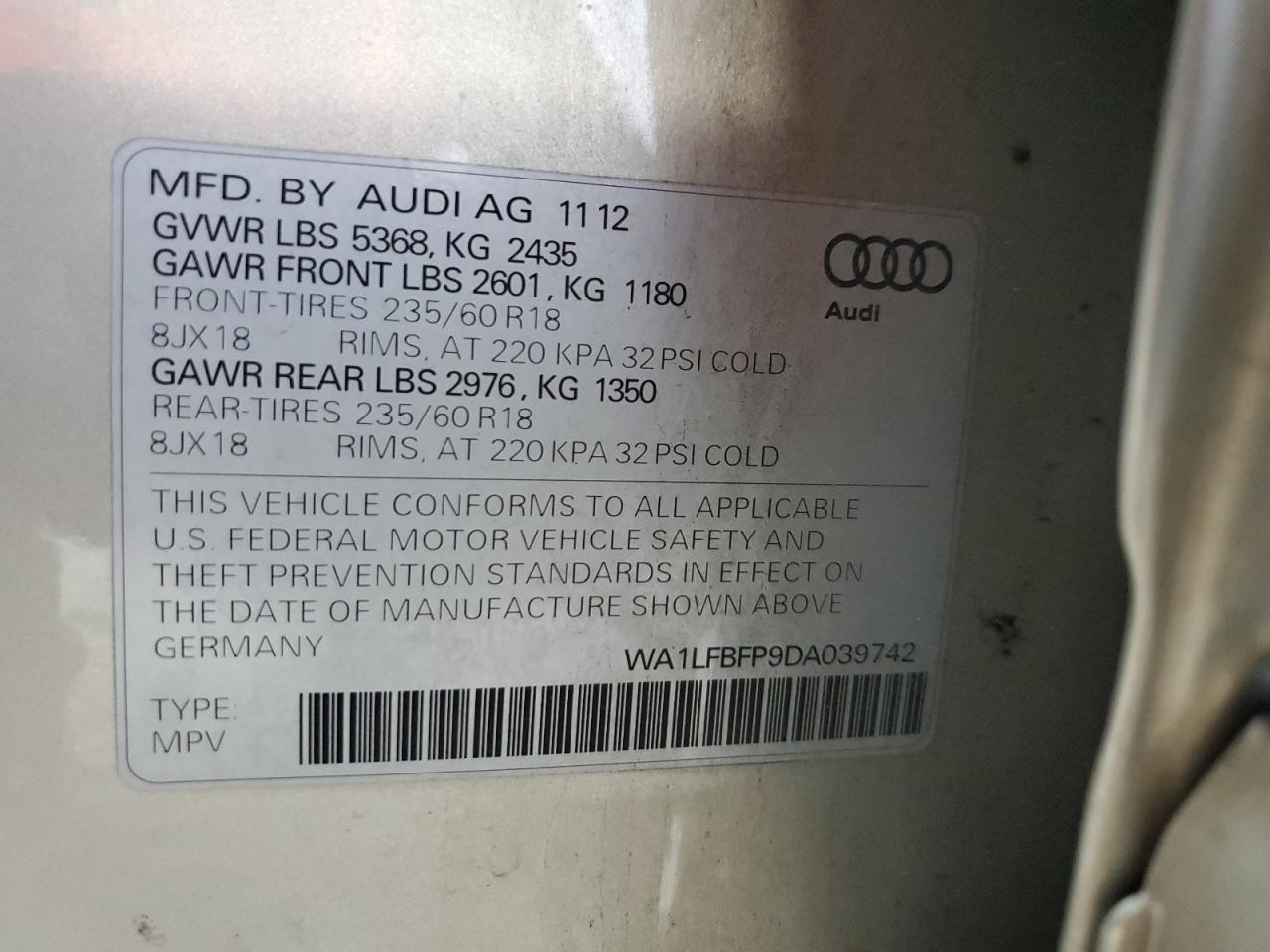 2013 Audi Q5 Premium Plus VIN: WA1LFBFP9DA039742 Lot: 80715635